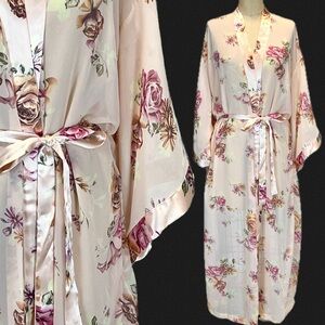 VINTAGE cottage rose long‎ maxi wrap robe sheer satin tie Victorian shabby chic